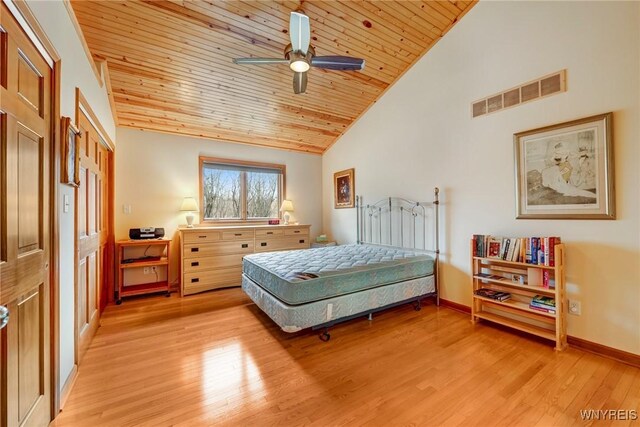 bedroom with light wood-type flooring, visible vents, baseboards, and wood ceiling