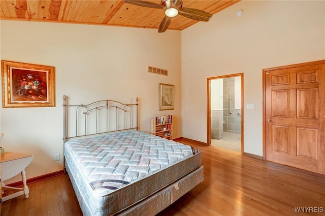 bedroom featuring visible vents, baseboards, wood ceiling, and wood finished floors