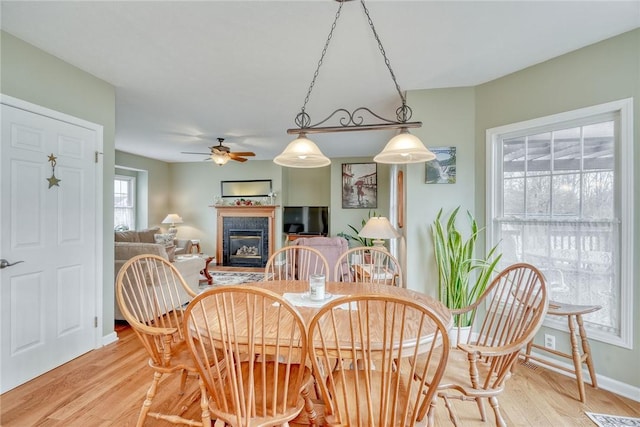 dining area with a glass covered fireplace, baseboards, light wood-type flooring, and ceiling fan