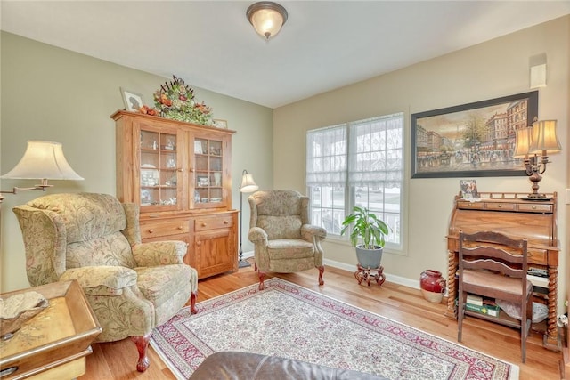 sitting room with baseboards and wood finished floors