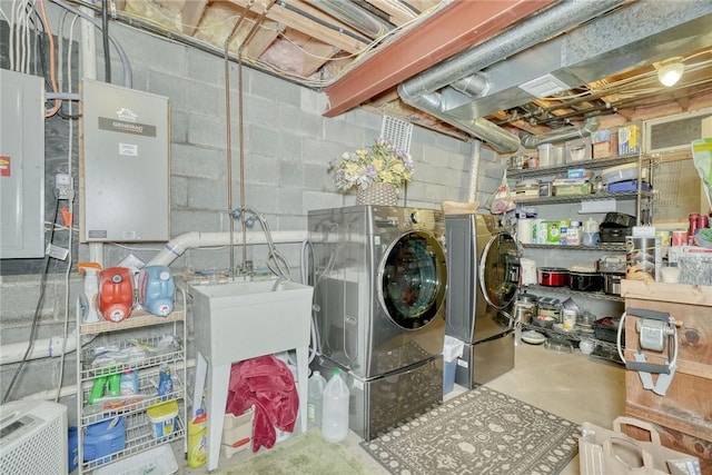 laundry area with electric panel, separate washer and dryer, and laundry area