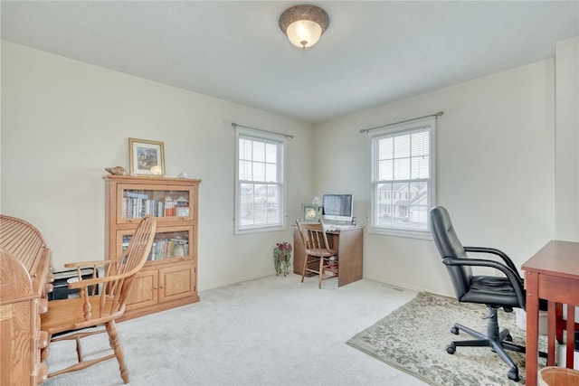 office area featuring a wealth of natural light, baseboards, and carpet