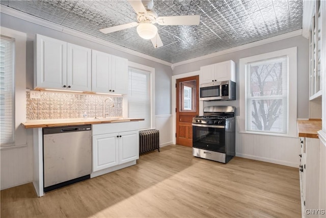 kitchen with radiator, crown molding, appliances with stainless steel finishes, an ornate ceiling, and a sink