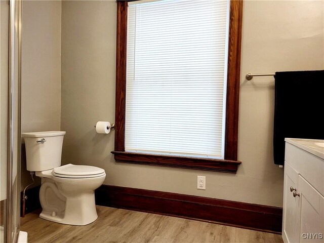 bathroom featuring baseboards, toilet, wood finished floors, and vanity