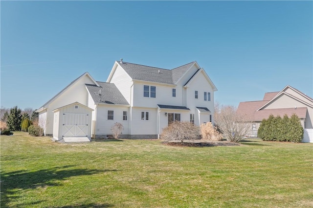 rear view of property with a storage unit, a lawn, and an outdoor structure