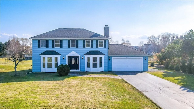 colonial inspired home featuring a front lawn, a garage, driveway, and a chimney