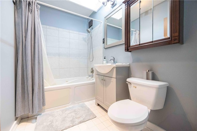 bathroom with tile patterned flooring, shower / bath combination with curtain, toilet, and vanity