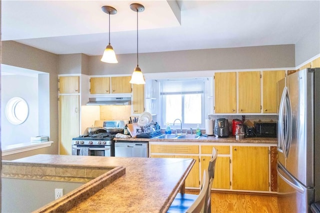 kitchen featuring under cabinet range hood, decorative backsplash, appliances with stainless steel finishes, hanging light fixtures, and a sink