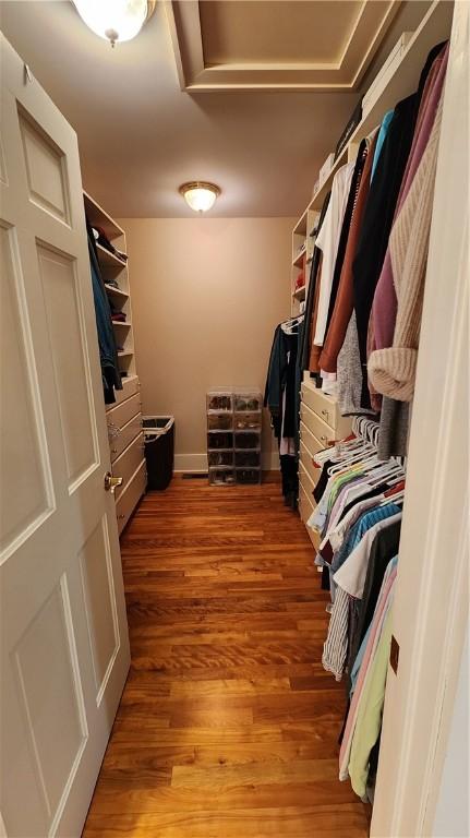 walk in closet featuring attic access and light wood-style floors