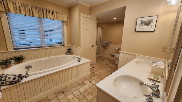 bathroom with a sink, a wainscoted wall, toilet, and a tub with jets