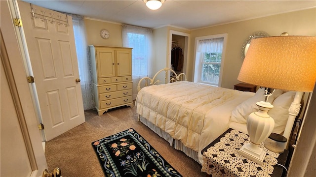 bedroom with a closet, carpet, and ornamental molding