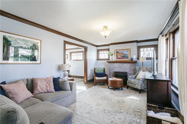 living area featuring a fireplace, baseboards, and ornamental molding