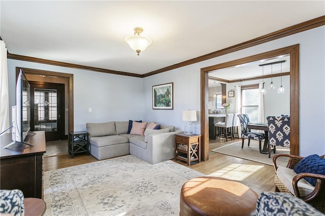 living room with ornamental molding and wood finished floors