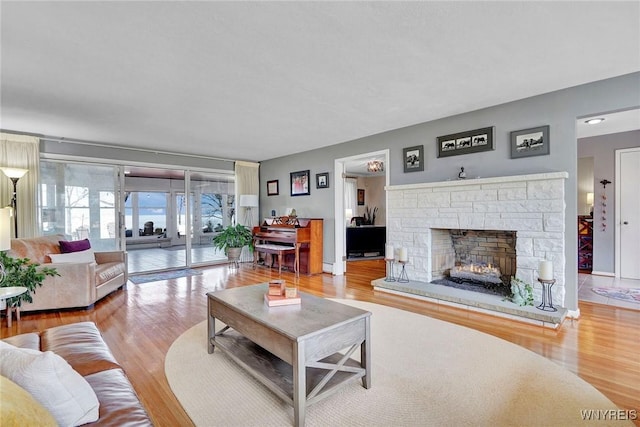 living room featuring a stone fireplace, baseboards, and wood finished floors