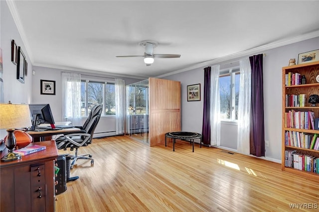 office space with ceiling fan, light wood-style floors, visible vents, and ornamental molding