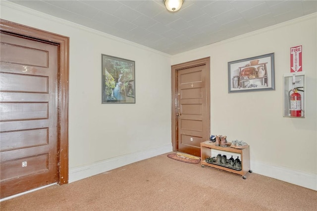 carpeted empty room with crown molding and baseboards