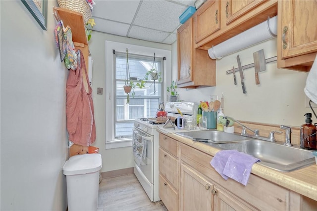 kitchen featuring white range with gas cooktop, a drop ceiling, a sink, light countertops, and light wood-type flooring