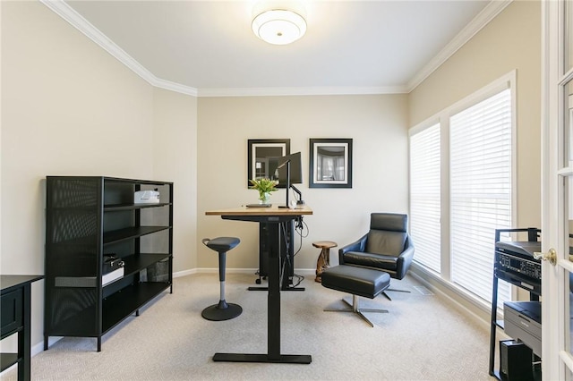 home office featuring crown molding, carpet, and baseboards