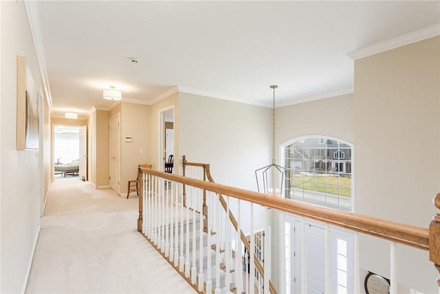 hall featuring a wealth of natural light, an upstairs landing, light colored carpet, and crown molding