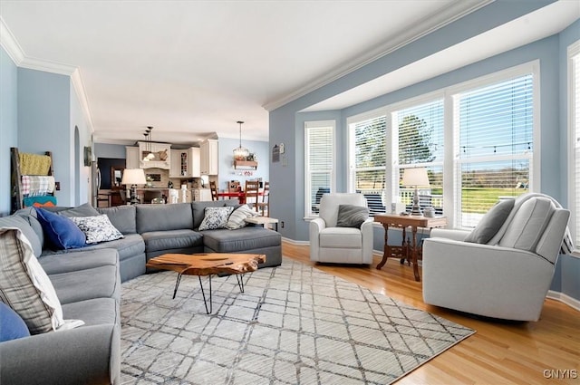 living room featuring light wood-style floors, baseboards, and ornamental molding