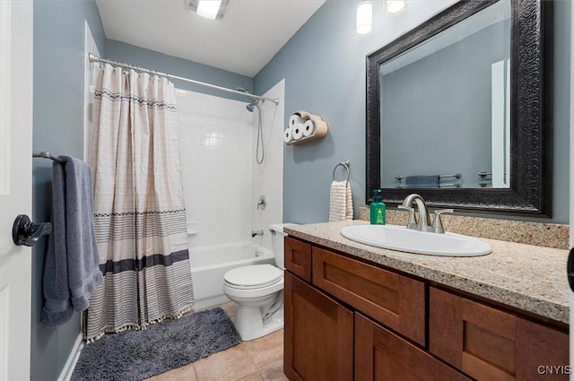 full bath with tile patterned floors, vanity, toilet, and shower / tub combo with curtain