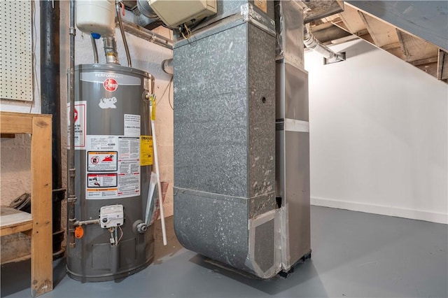 utility room featuring heating unit and water heater