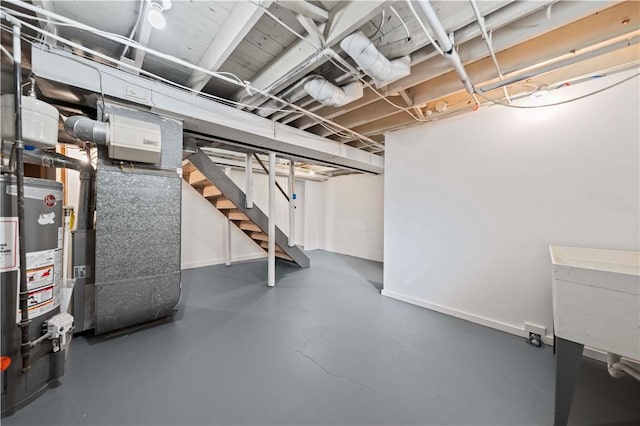 unfinished below grade area with stairway, baseboards, water heater, and a sink