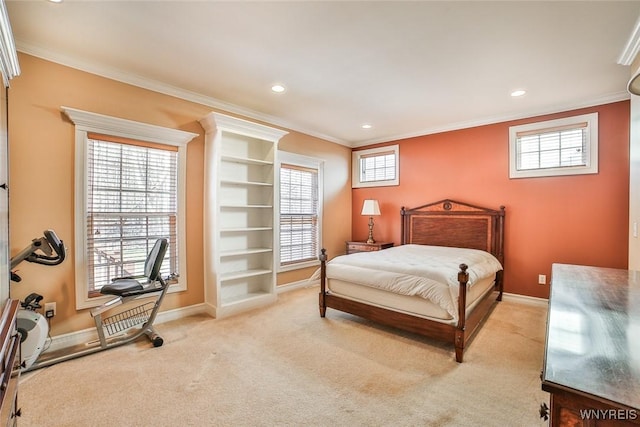 carpeted bedroom with baseboards, multiple windows, and ornamental molding