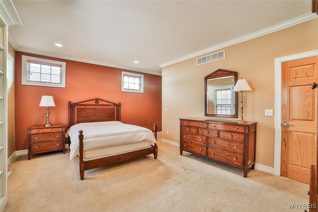 bedroom featuring carpet, visible vents, baseboards, ornamental molding, and multiple windows