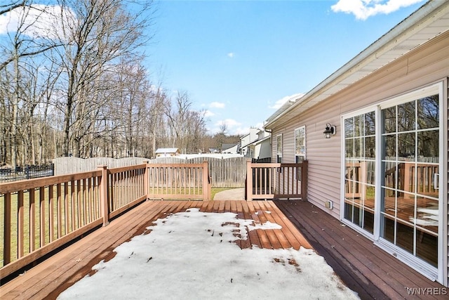 snow covered deck with a fenced backyard