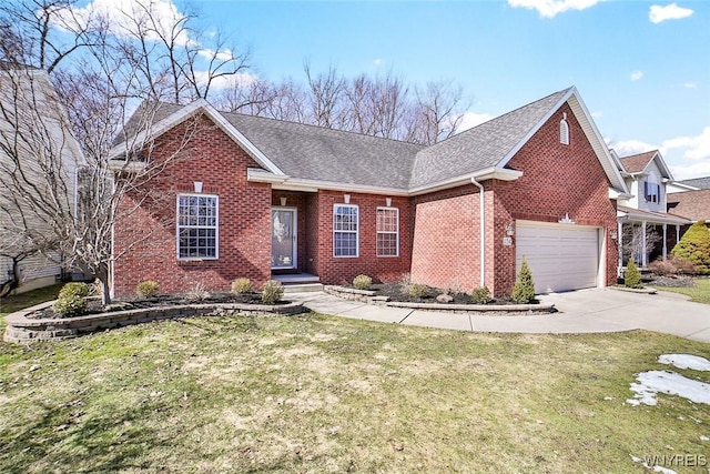 view of front of property featuring a shingled roof, concrete driveway, brick siding, and a front lawn