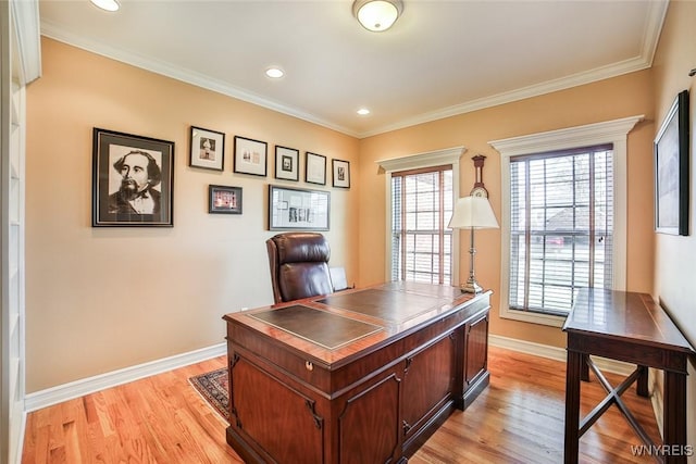 office space with recessed lighting, light wood-type flooring, baseboards, and ornamental molding