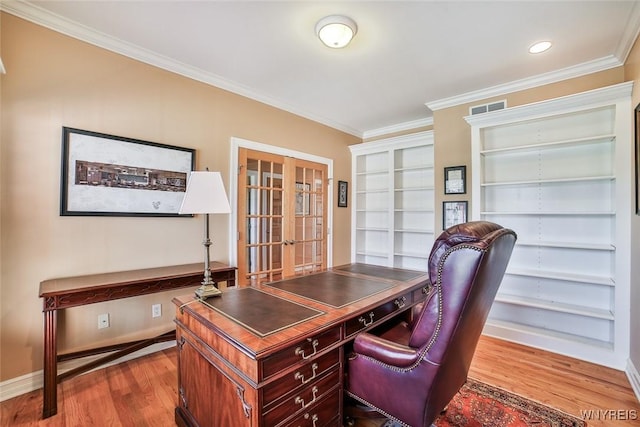 home office with wood finished floors, baseboards, recessed lighting, ornamental molding, and french doors