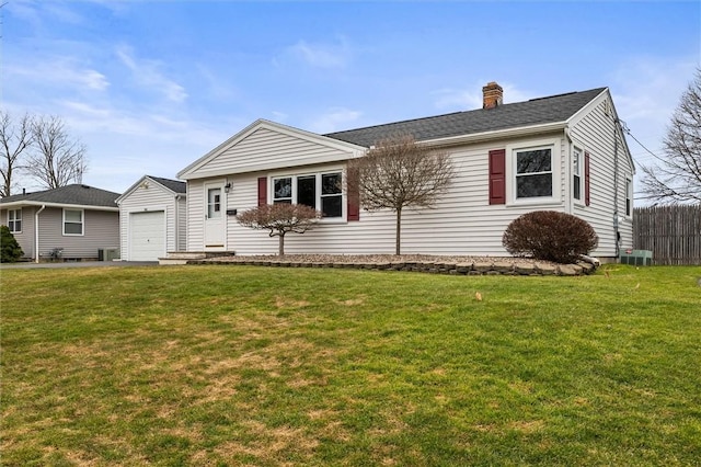 ranch-style home with fence, central AC, a front yard, a chimney, and a garage