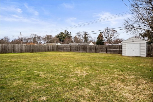 view of yard featuring a fenced backyard, an outdoor structure, and a shed