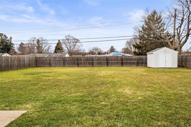 view of yard with a storage unit, an outbuilding, and a fenced backyard