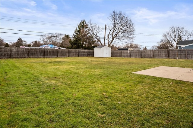 view of yard with a patio area, a fenced backyard, a storage shed, and an outdoor structure