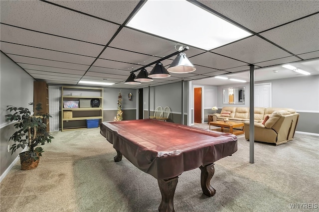 rec room featuring billiards, carpet flooring, a paneled ceiling, and baseboards