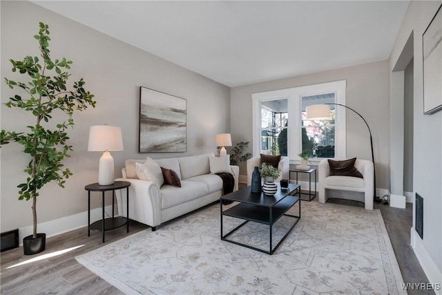 living room with baseboards and wood finished floors