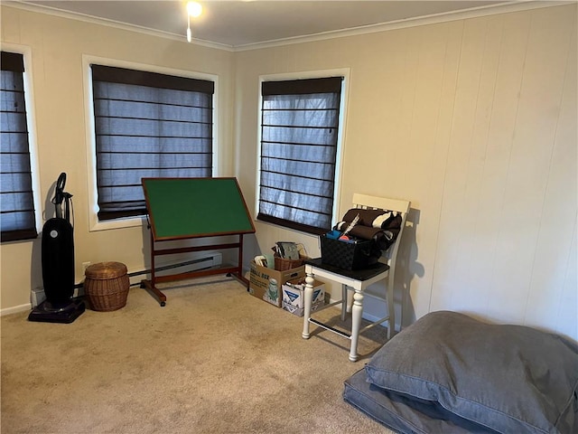 carpeted bedroom with baseboard heating and ornamental molding