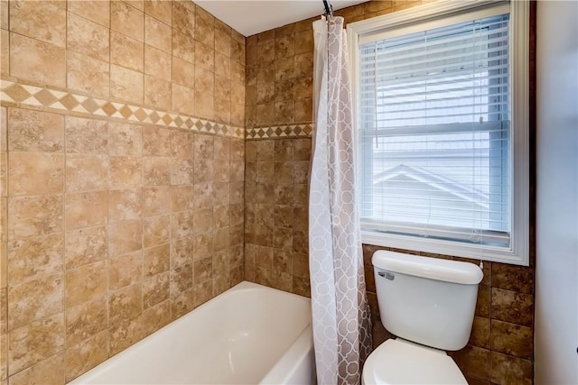 full bath featuring shower / bathtub combination with curtain and toilet