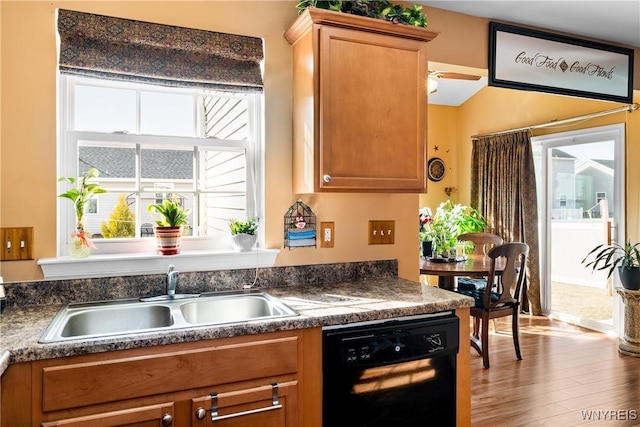 kitchen with dark countertops, black dishwasher, wood finished floors, brown cabinetry, and a sink