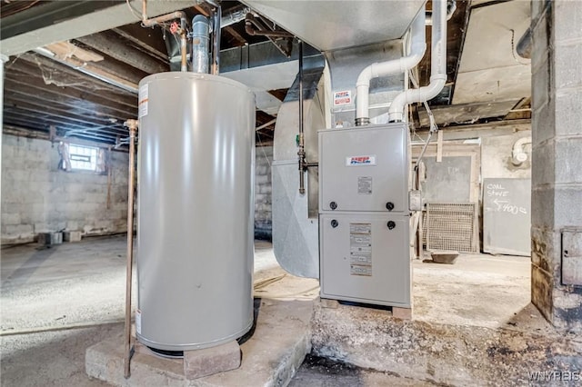 utility room with heating unit and water heater