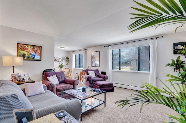 living room with baseboard heating and carpet flooring