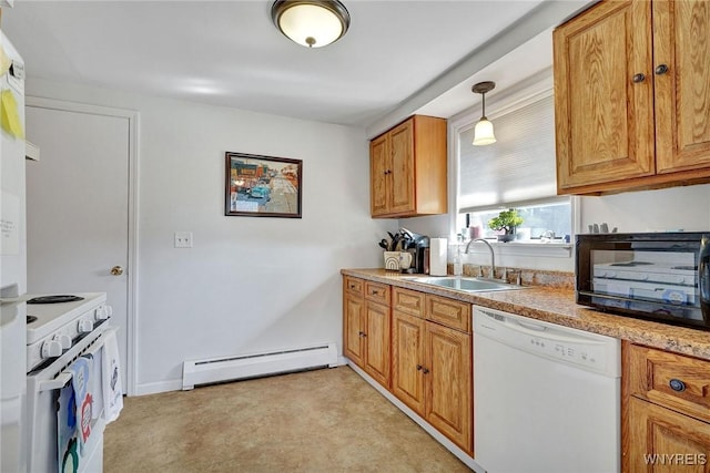 kitchen featuring white appliances, a sink, light countertops, brown cabinets, and baseboard heating