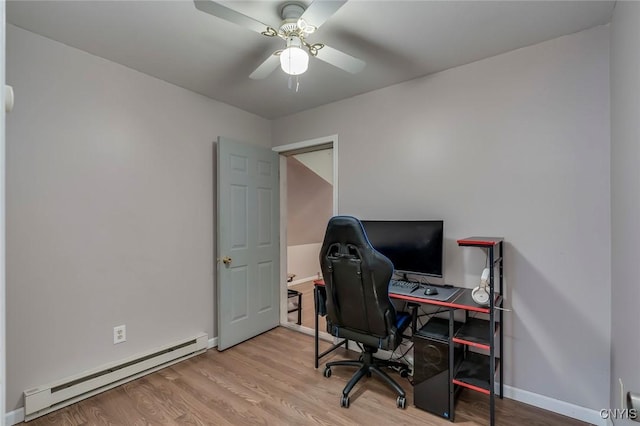 office with a ceiling fan, wood finished floors, baseboards, and a baseboard radiator