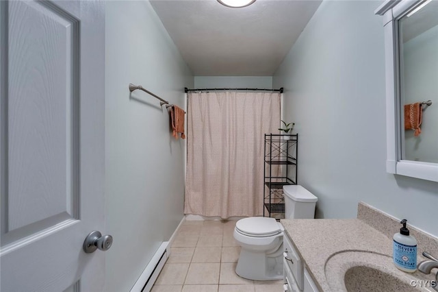 full bathroom featuring vanity, a shower with curtain, baseboards, tile patterned floors, and toilet