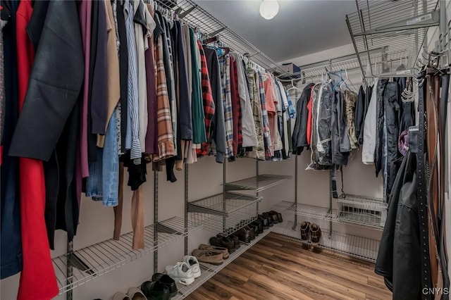 walk in closet with wood finished floors