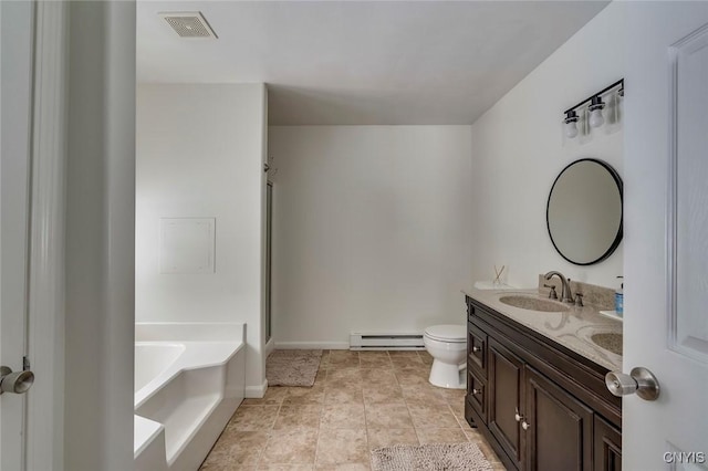 full bath with visible vents, toilet, a sink, a baseboard radiator, and a bath