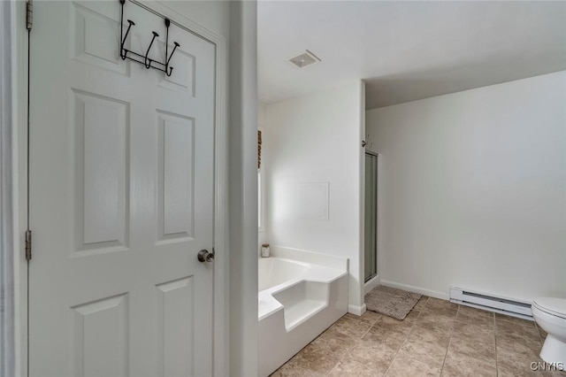 full bathroom featuring a bath, visible vents, a stall shower, toilet, and baseboard heating